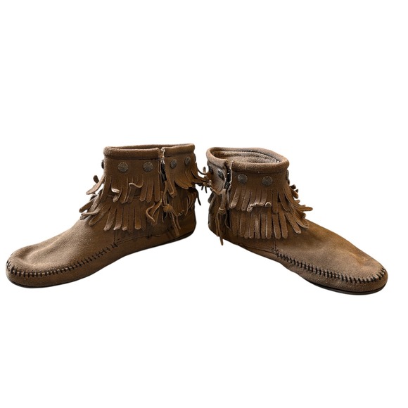 Minnetonka Moccasin Boots Gray Brown Suede Fringe Zipper Womens Ankle Boot READ - Picture 12 of 13